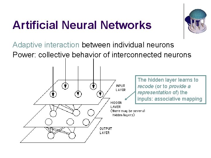 Artificial Neural Networks Adaptive interaction between individual neurons Power: collective behavior of interconnected neurons