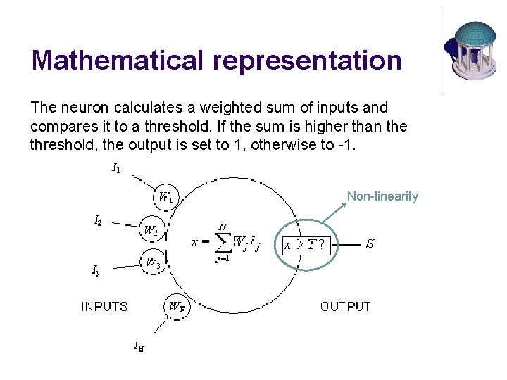 Mathematical representation The neuron calculates a weighted sum of inputs and compares it to