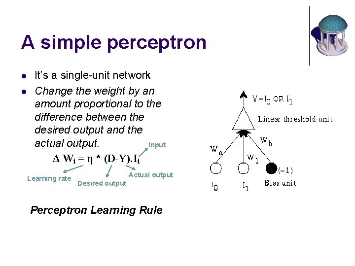 A simple perceptron l l It’s a single-unit network Change the weight by an