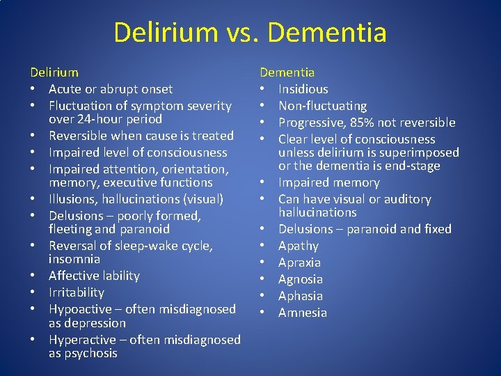 Delirium vs. Dementia Delirium • Acute or abrupt onset • Fluctuation of symptom severity