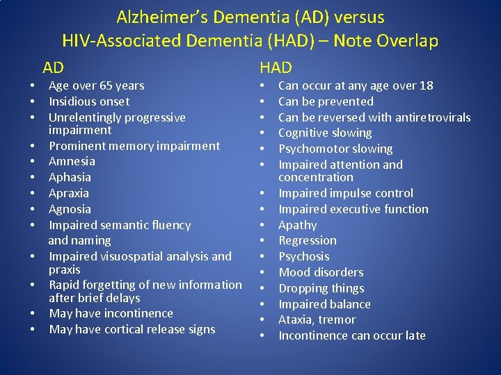Alzheimer’s Dementia (AD) versus HIV‐Associated Dementia (HAD) – Note Overlap AD Age over 65