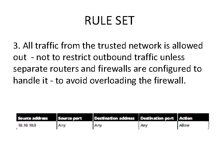 RULE SET 3. All traffic from the trusted network is allowed out - not