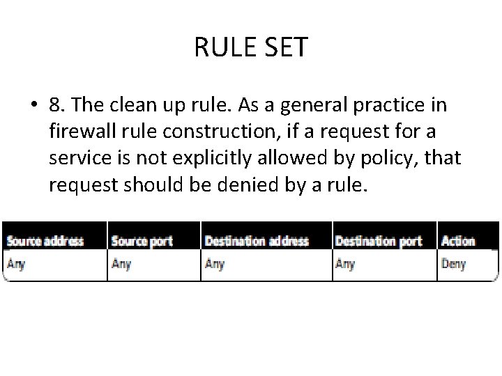 RULE SET • 8. The clean up rule. As a general practice in firewall