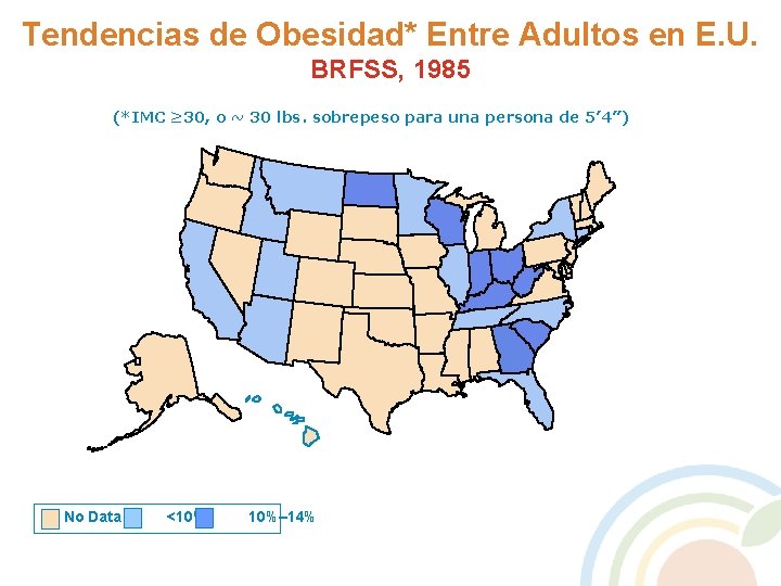 Tendencias de Obesidad* Entre Adultos en E. U. BRFSS, 1985 (*IMC ≥ 30, o