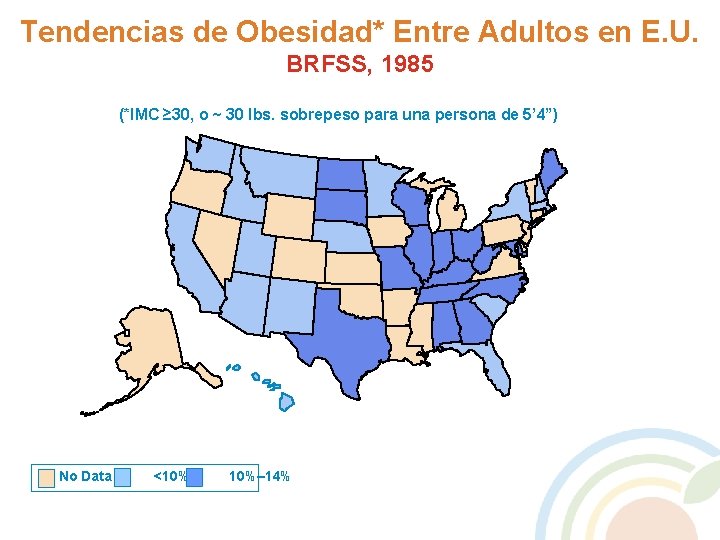 Tendencias de Obesidad* Entre Adultos en E. U. BRFSS, 1985 (*IMC ≥ 30, o