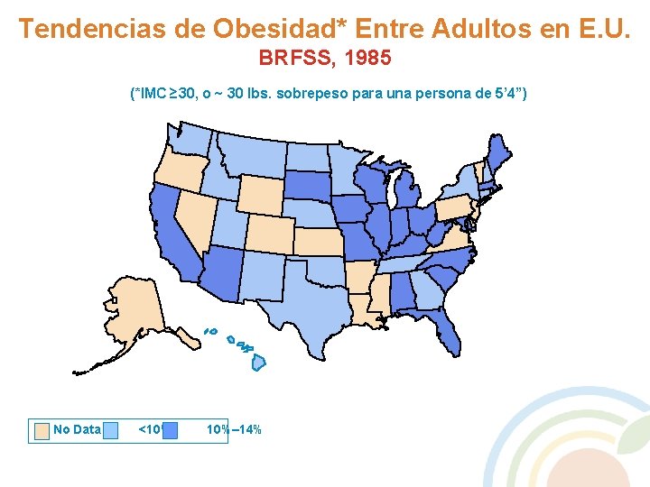 Tendencias de Obesidad* Entre Adultos en E. U. BRFSS, 1985 (*IMC ≥ 30, o