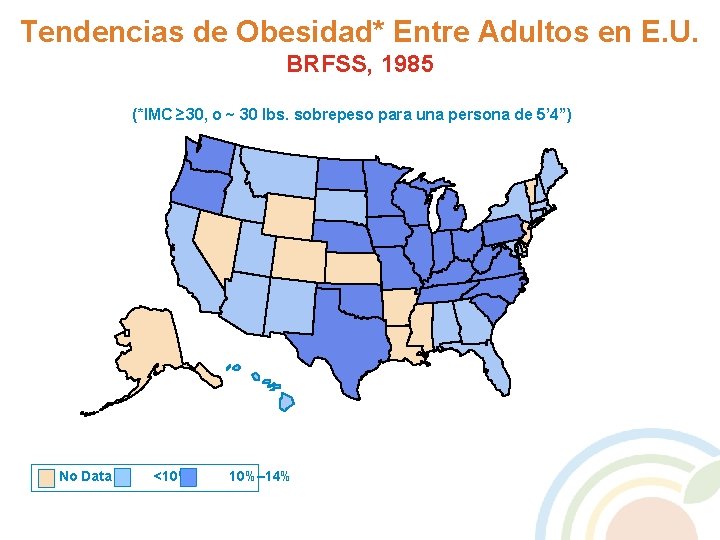 Tendencias de Obesidad* Entre Adultos en E. U. BRFSS, 1985 (*IMC ≥ 30, o