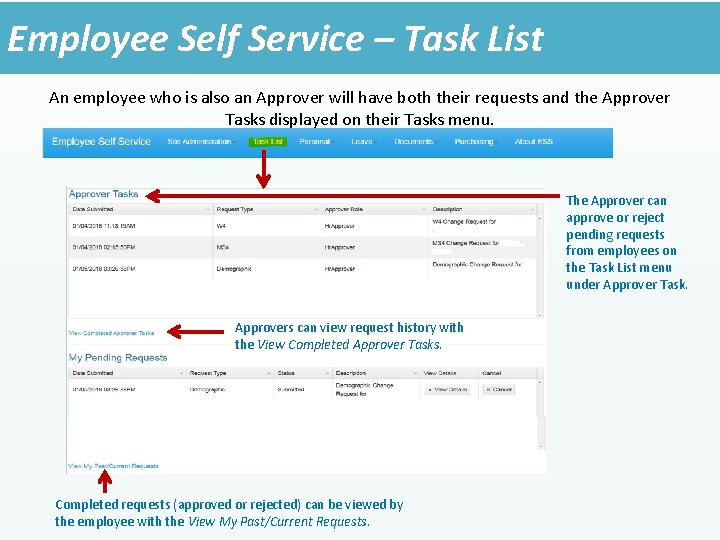 Employee Self Service – Task List An employee who is also an Approver will