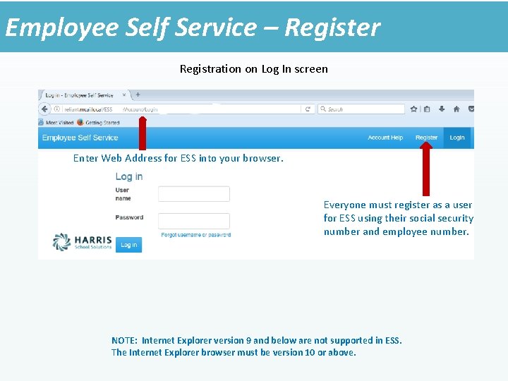 Employee Self Service – Register Registration on Log In screen Enter Web Address for
