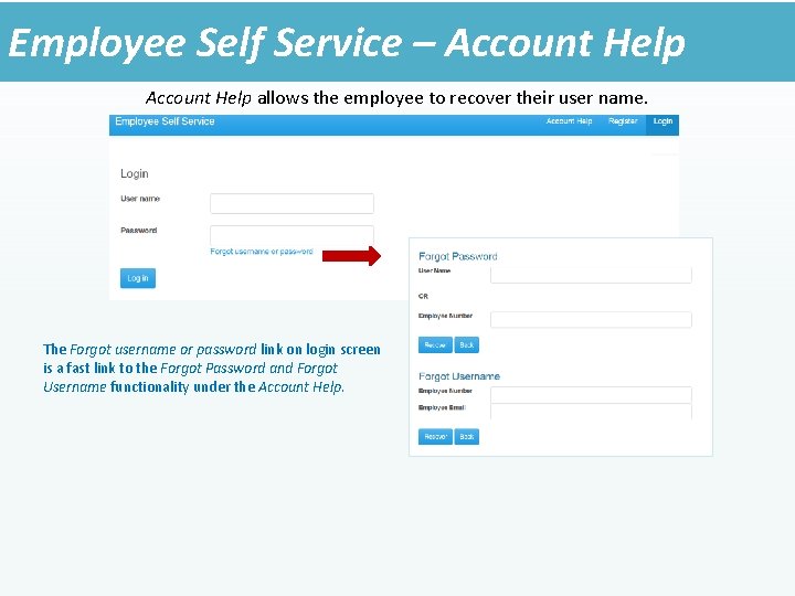 Employee Self Service – Account Help allows the employee to recover their user name.