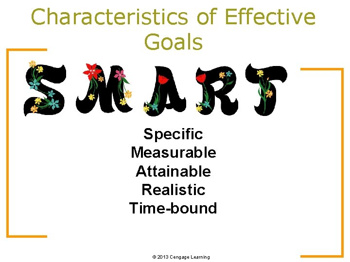 Characteristics of Effective Goals Specific Measurable Attainable Realistic Time-bound © 2013 Cengage Learning 