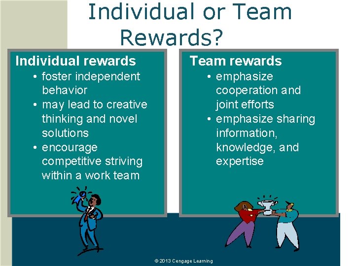 Individual or Team Rewards? Individual rewards • foster independent behavior • may lead to