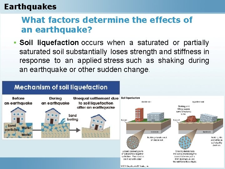 Earthquakes What factors determine the effects of an earthquake? • Soil liquefaction occurs when
