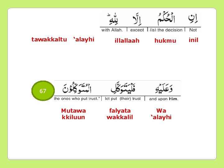 tawakkaltu ‘alayhi illallaah hukmu 67 Mutawa kkiluun falyata wakkalil Wa ‘alayhi inil 