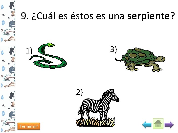 9. ¿Cuál es éstos es una serpiente? 3) 1) 2) Terminar? 