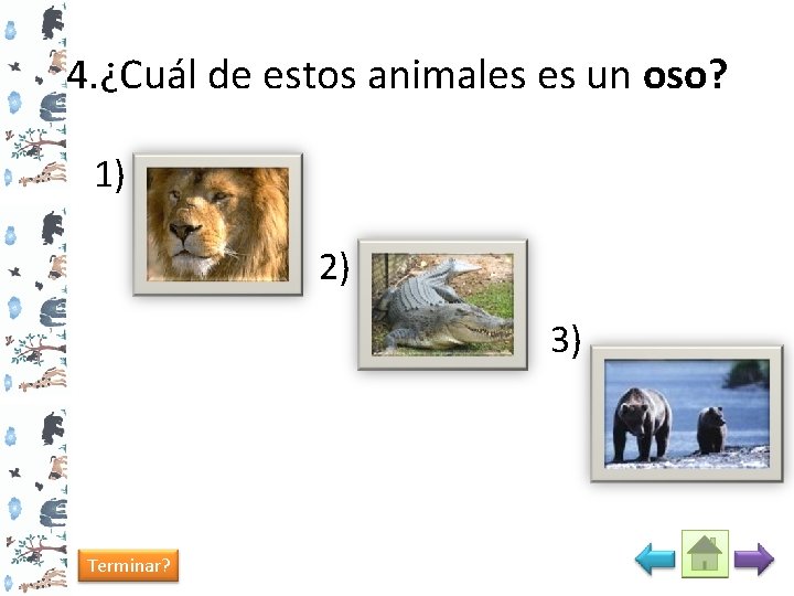 4. ¿Cuál de estos animales es un oso? 1) 2) 3) Terminar? 