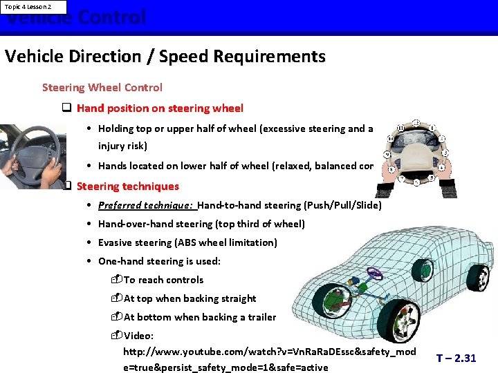 Vehicle Control Topic 4 Lesson 2 Vehicle Direction / Speed Requirements Steering Wheel Control