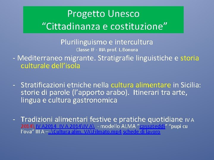 Progetto Unesco “Cittadinanza e costituzione” Plurilinguismo e intercultura Classe IF - IIIA prof. L.