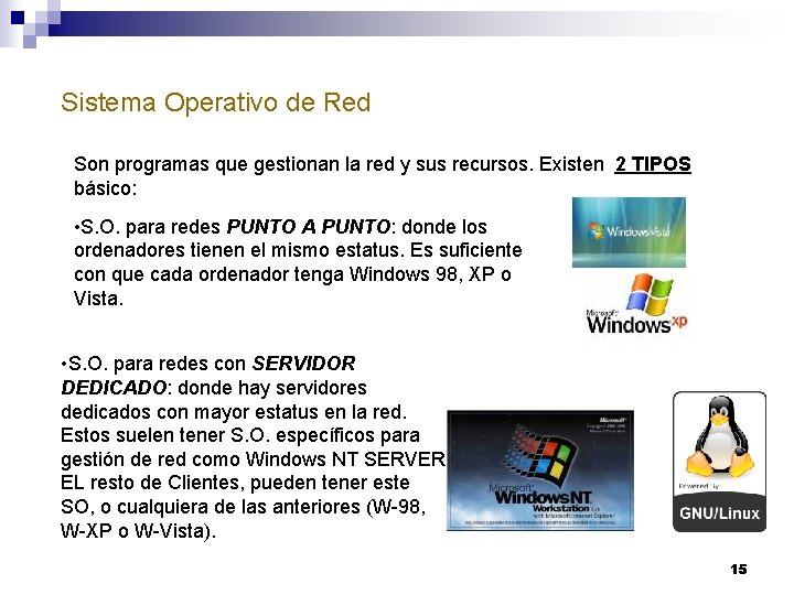 Sistema Operativo de Red Son programas que gestionan la red y sus recursos. Existen