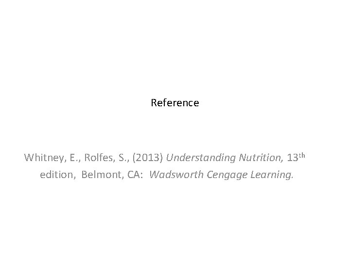 Reference Whitney, E. , Rolfes, S. , (2013) Understanding Nutrition, 13 th edition, Belmont,