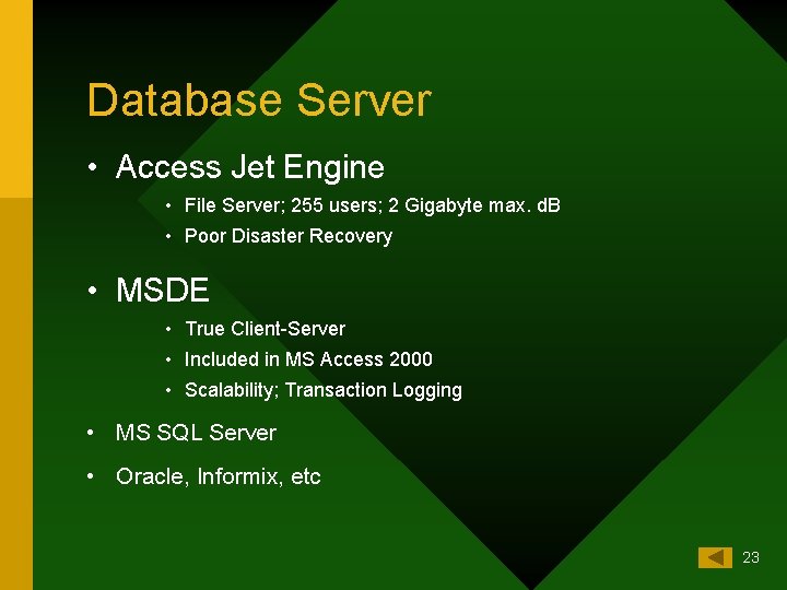 Database Server • Access Jet Engine • File Server; 255 users; 2 Gigabyte max.
