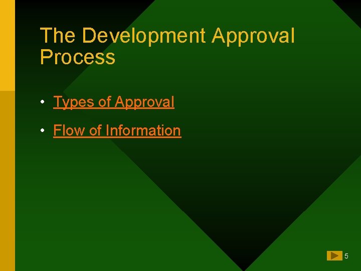 The Development Approval Process • Types of Approval • Flow of Information 5 