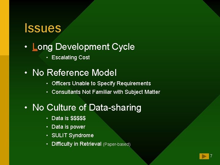 Issues • Long Development Cycle • Escalating Cost • No Reference Model • Officers