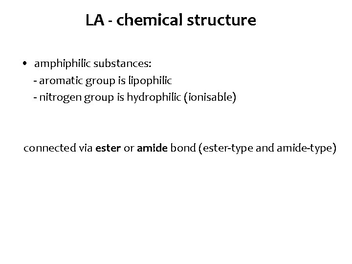 LA - chemical structure • amphiphilic substances: - aromatic group is lipophilic - nitrogen