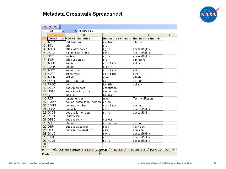 Metadata Crosswalk Spreadsheet National Aeronautics and Space Administration Implementing DSpace at NASA Langley Research