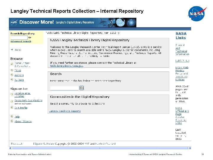 Langley Technical Reports Collection – Internal Repository National Aeronautics and Space Administration Implementing DSpace