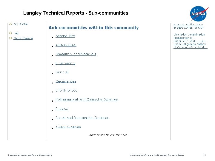 Langley Technical Reports - Sub-communities National Aeronautics and Space Administration Implementing DSpace at NASA