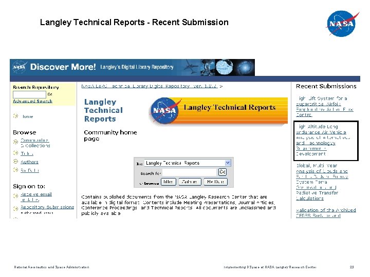 Langley Technical Reports - Recent Submission National Aeronautics and Space Administration Implementing DSpace at