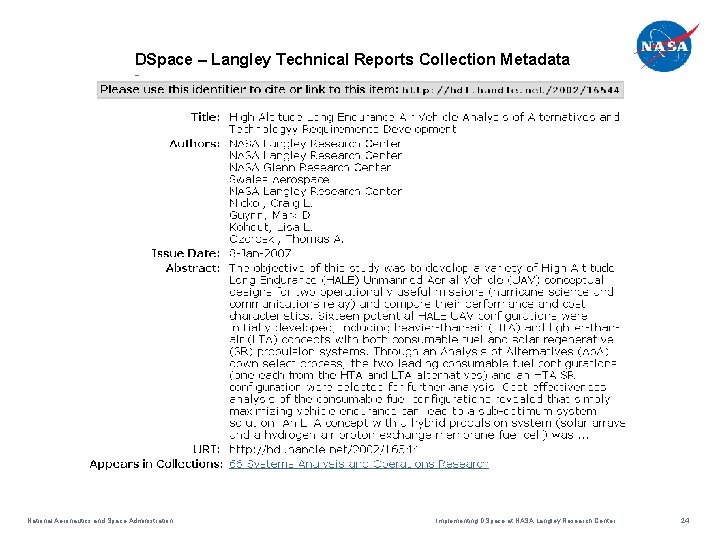 DSpace – Langley Technical Reports Collection Metadata – National Aeronautics and Space Administration Implementing