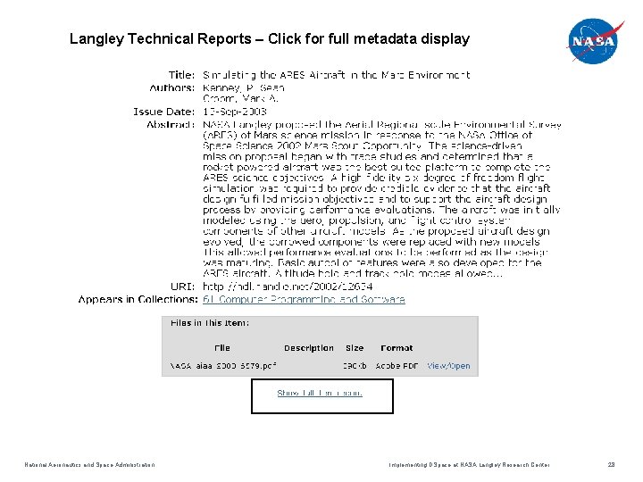 Langley Technical Reports – Click for full metadata display National Aeronautics and Space Administration