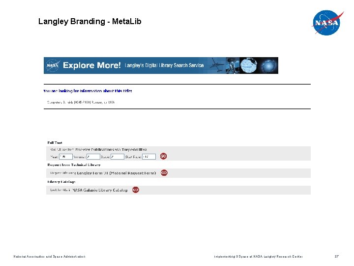 Langley Branding - Meta. Lib National Aeronautics and Space Administration Implementing DSpace at NASA