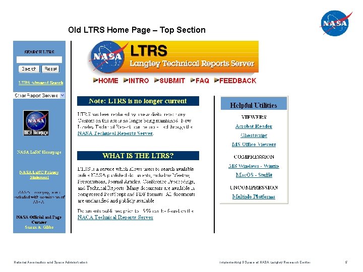 Old LTRS Home Page – Top Section Slide Master National Aeronautics and Space Administration