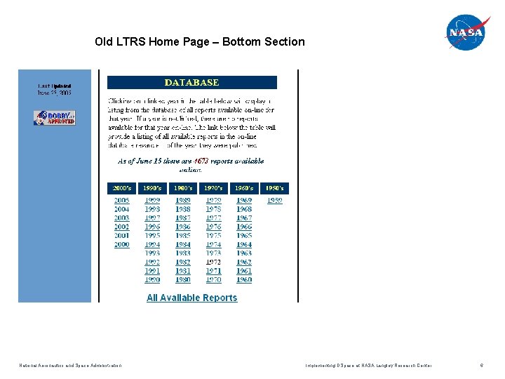 Old LTRS Home Page – Bottom Section National Aeronautics and Space Administration Implementing DSpace