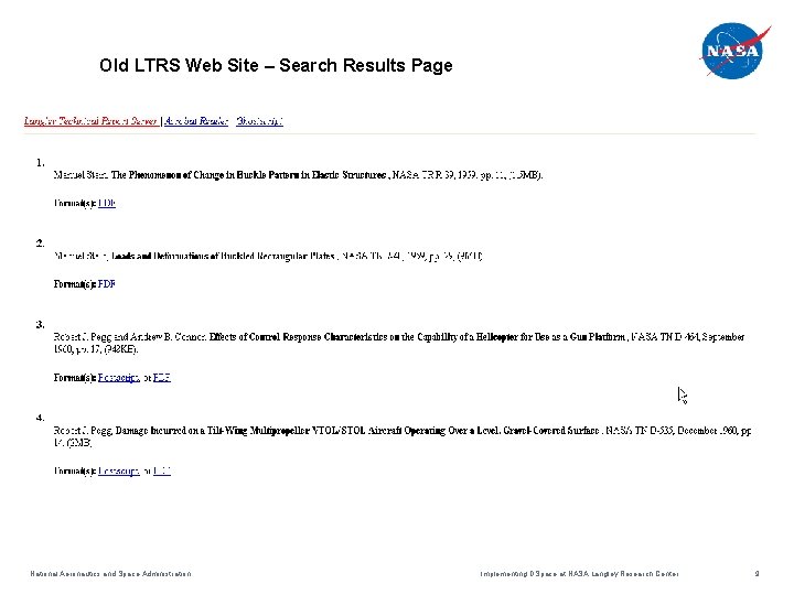 Old LTRS Web Site – Search Results Page National Aeronautics and Space Administration Implementing