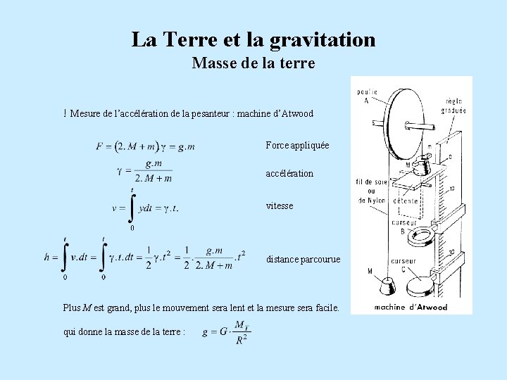 La Terre et la gravitation Masse de la terre ! Mesure de l’accélération de