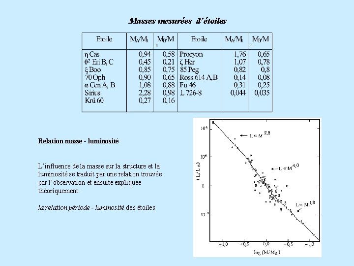 Masses mesurées d’étoiles Relation masse - luminosité L’influence de la masse sur la structure