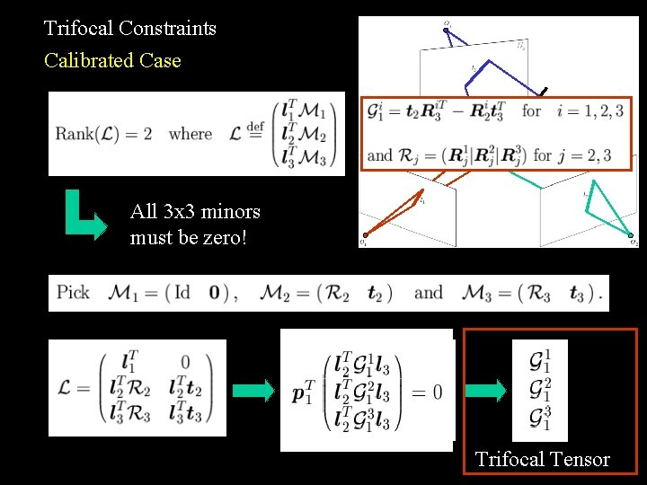 Trifocal Constraints Calibrated Case All 3 x 3 minors must be zero! Trifocal Tensor