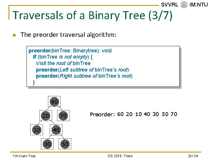 SVVRL @ IM. NTU Traversals of a Binary Tree (3/7) n The preorder traversal
