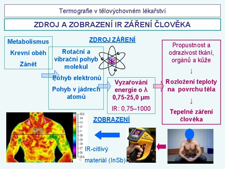 Termografie v tělovýchovném lékařství ZDROJ A ZOBRAZENÍ IR ZÁŘENÍ ČLOVĚKA Metabolismus Krevní oběh Zánět