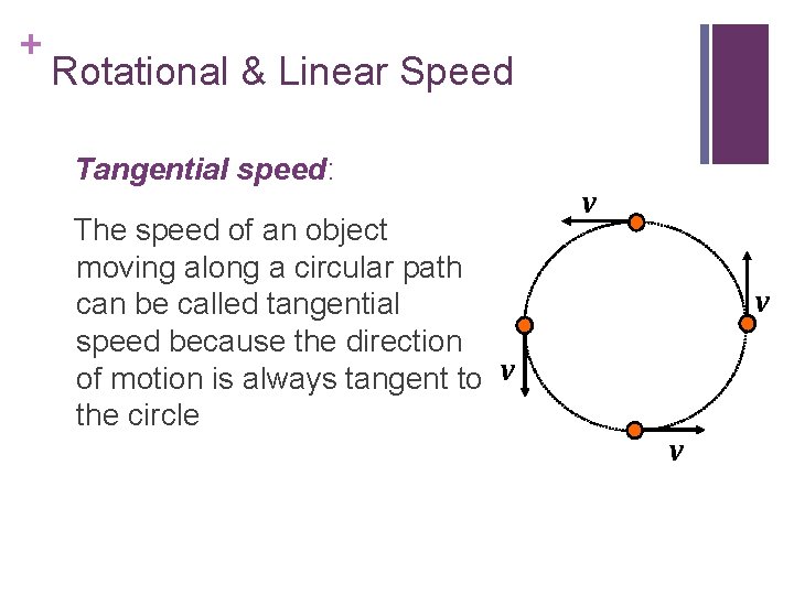 + Rotational & Linear Speed Tangential speed: The speed of an object moving along