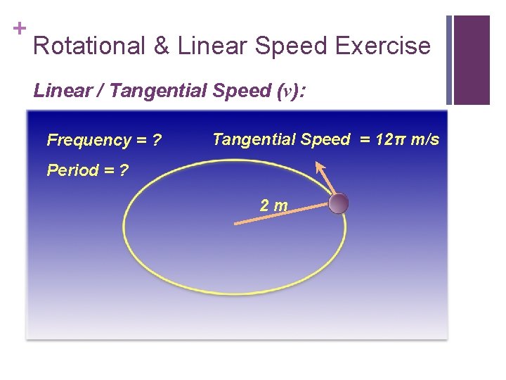 + Rotational & Linear Speed Exercise Linear / Tangential Speed (v): Frequency = ?