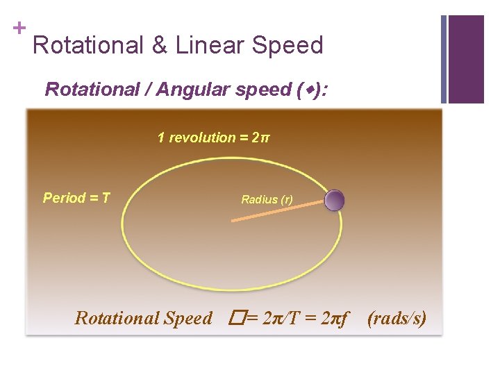 + Rotational & Linear Speed Rotational / Angular speed ( ): 1 revolution =