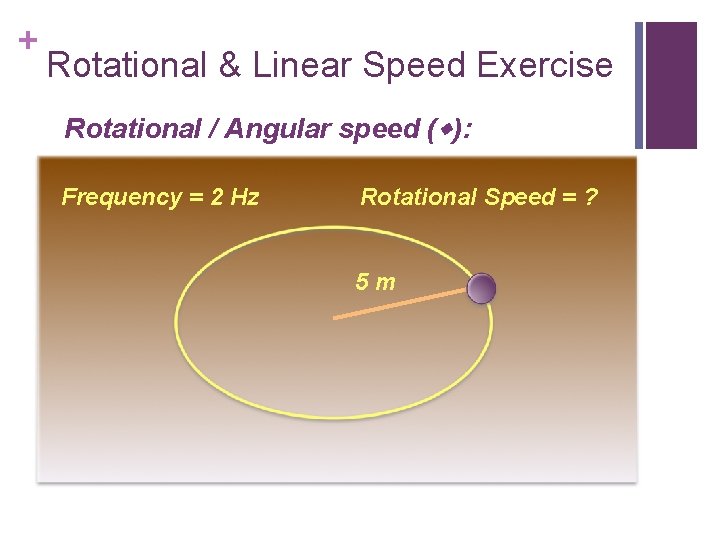 + Rotational & Linear Speed Exercise Rotational / Angular speed ( ): Frequency =