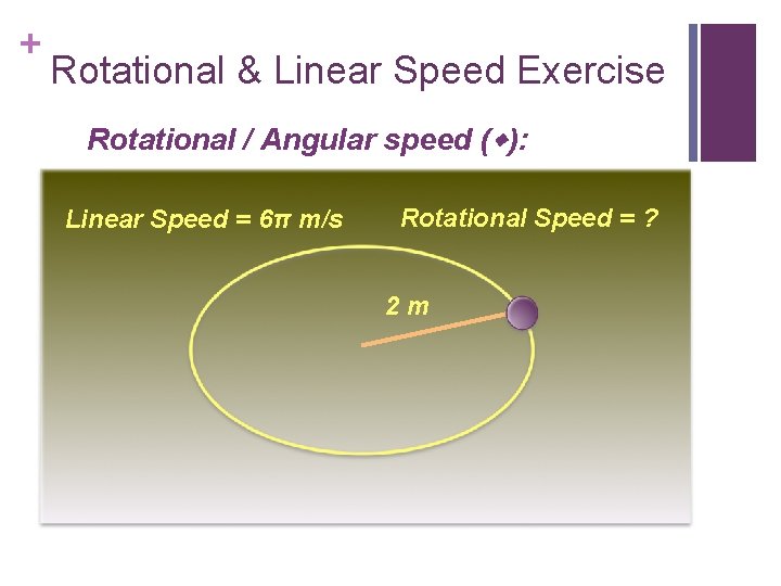 + Rotational & Linear Speed Exercise Rotational / Angular speed ( ): Linear Speed