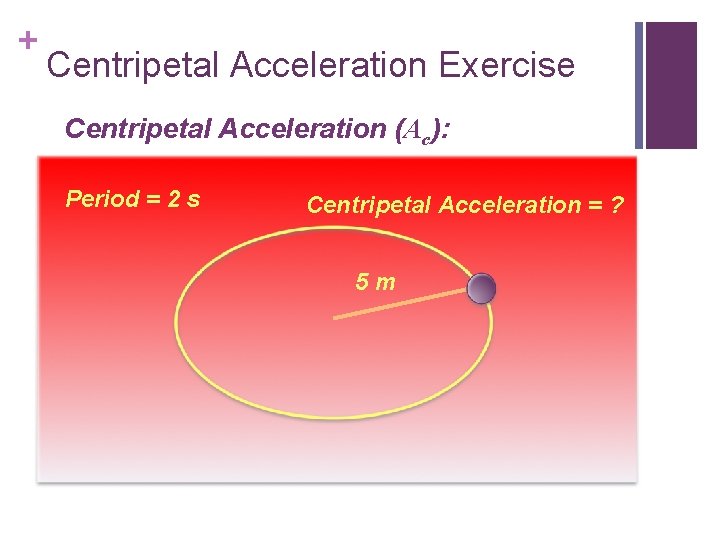 + Centripetal Acceleration Exercise Centripetal Acceleration (Ac): Period = 2 s Centripetal Acceleration =