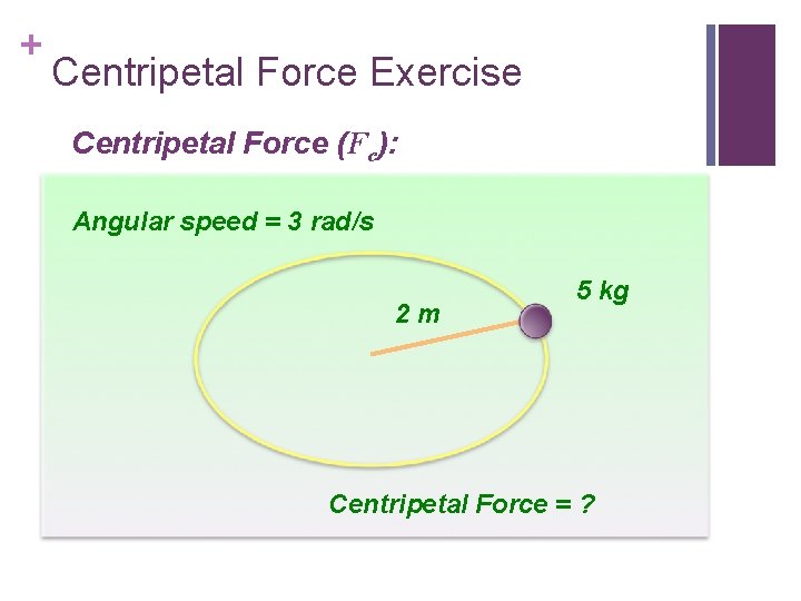 + Centripetal Force Exercise Centripetal Force (Fc): Angular speed = 3 rad/s 2 m